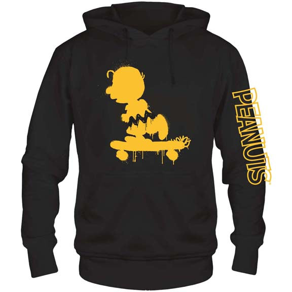 Peanuts Charlie Brown Graffiti Black Unisex Hoodie.  This Peanuts hooded sweatshirt features Charlie Brown skateboarding on the front in a graffiti style.  This awesome hoodie even has PEANUTS printed down the left sleeve!  Available at Blue Culture Tees!