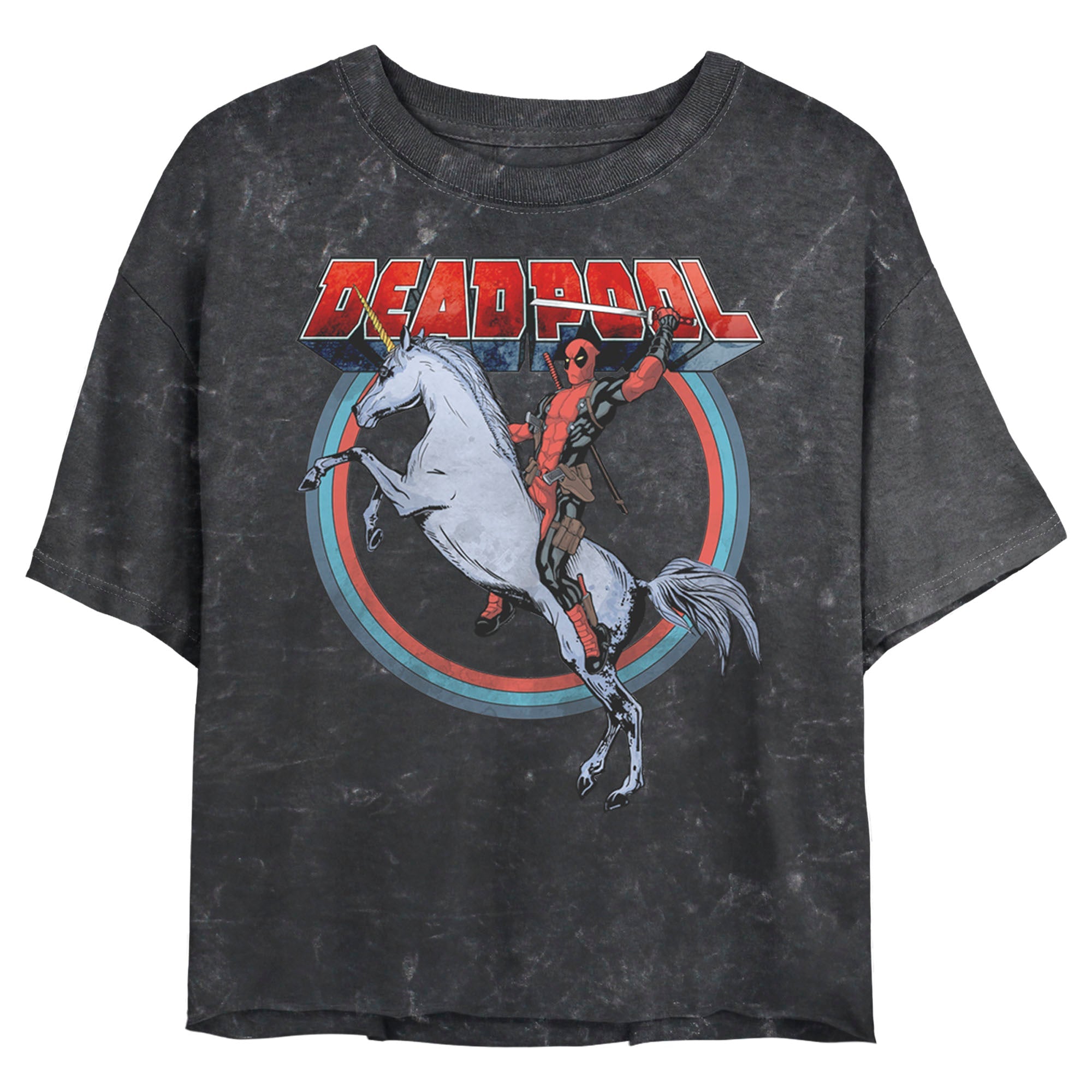 Junior's Marvel Deadpool Unicorn Mineral Wash Crop Top T-Shirt