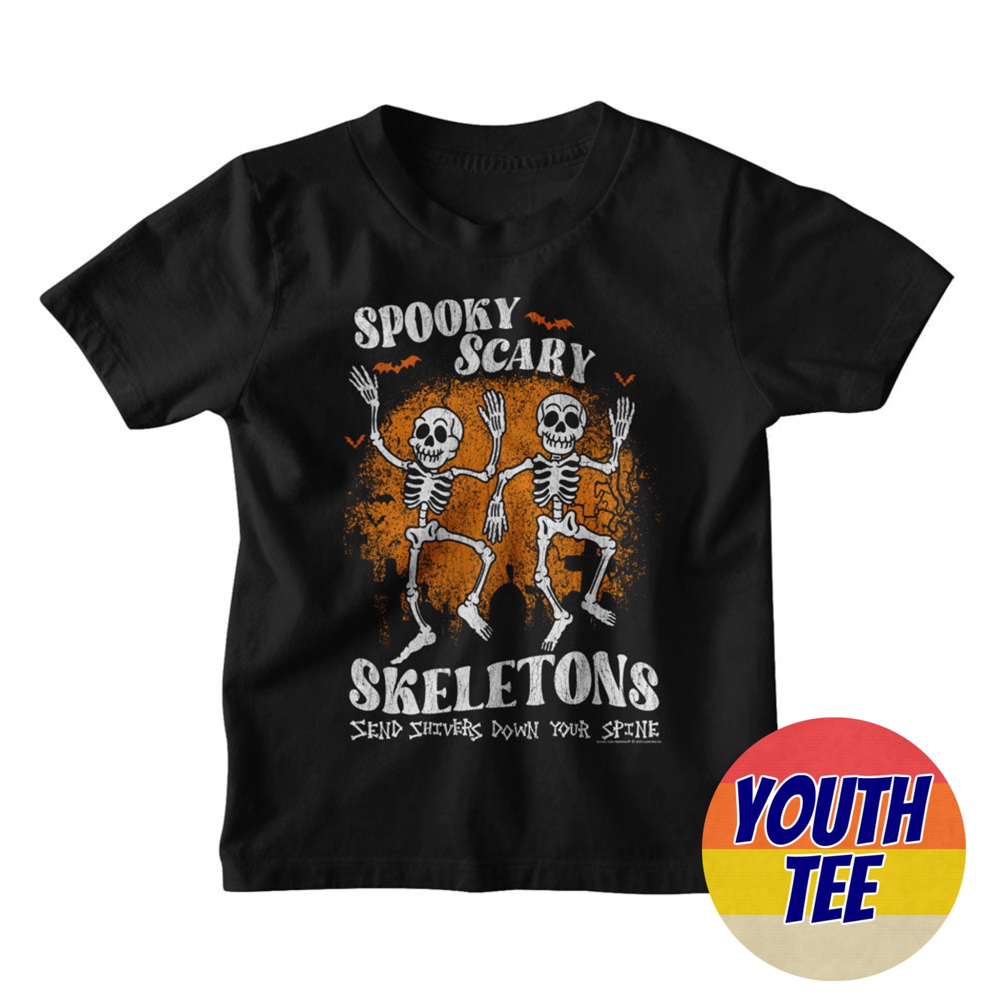 Youth Spooky Scary Skeletons Bats and Graves T-Shirt | Blue Culture Tees