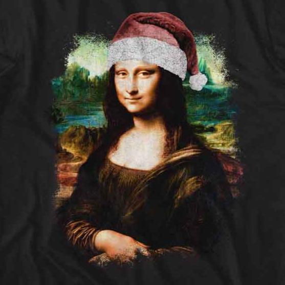 Art Gallery Mona Lisa In Santa Hat T-Shirt | Blue Culture Tees