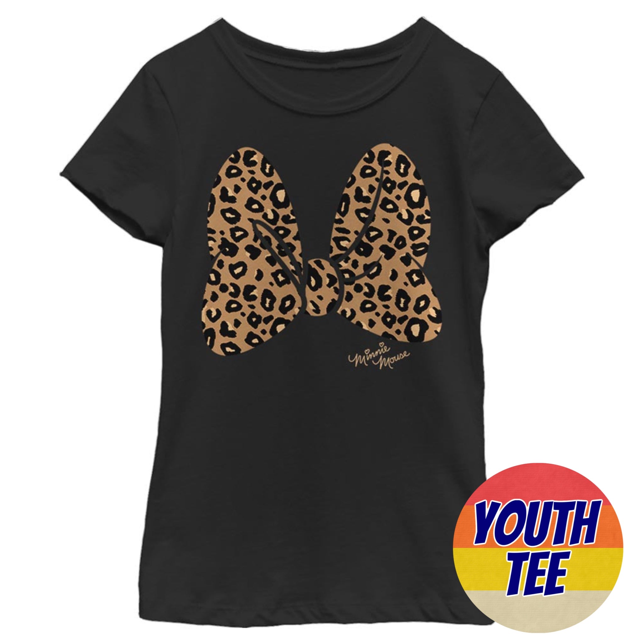 Girl's Disney Minnie Mouse Cheetah Print Bow Signature T-Shirt | Blue Culture Tees