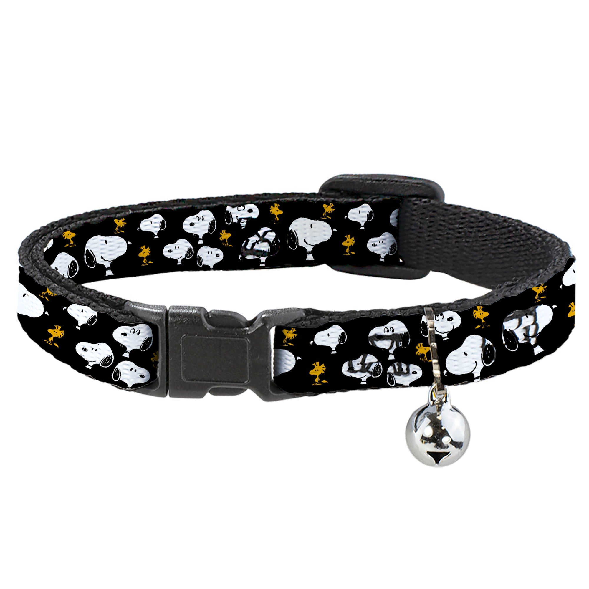 Breakaway Cat Collar with Bell - Peanuts Snoopy and Woodstock Poses Scattered Black