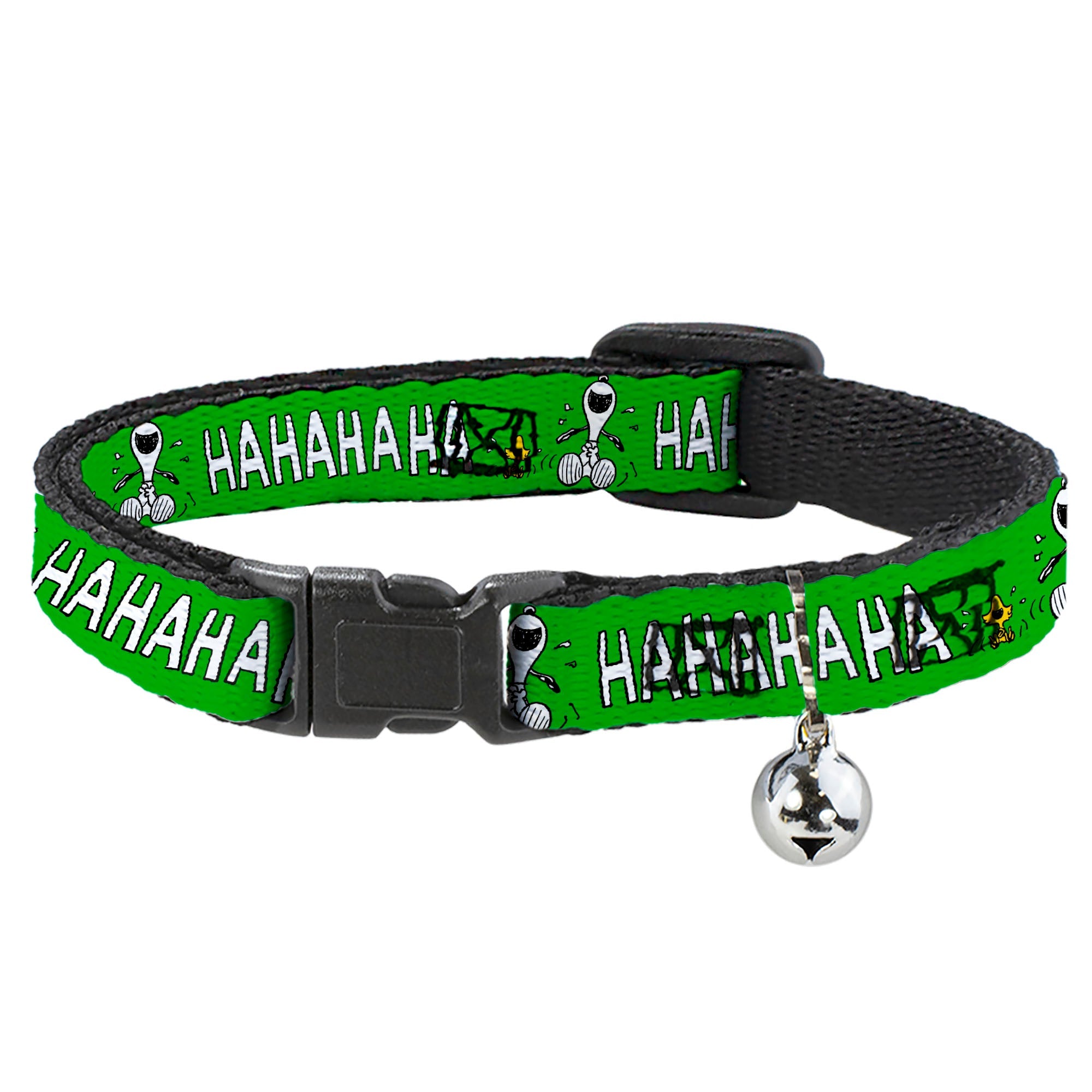 Breakaway Cat Collar with Bell - Peanuts Snoopy and Woodstock Laughing HAHA Pose Green