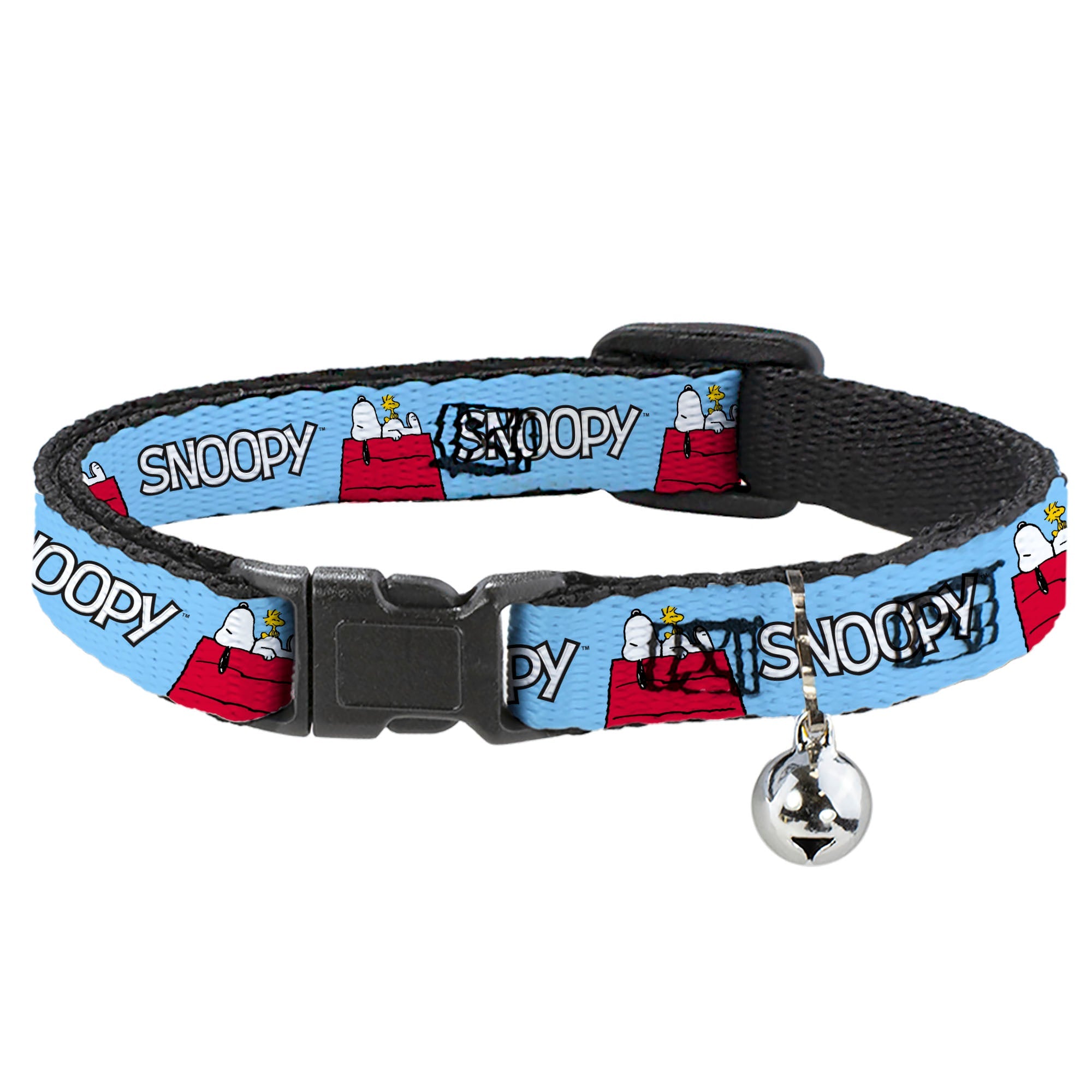 Breakaway Cat Collar with Bell - Peanuts Snoopy and Woodstock Dog House Pose and Text Sky Blue