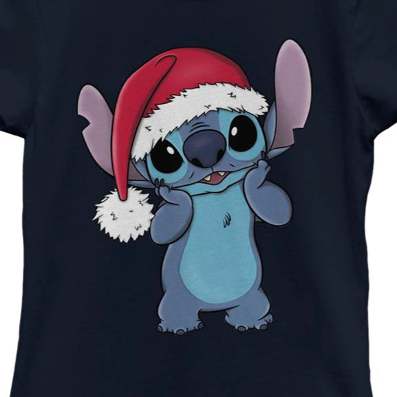 Girl's Disney Stitch Wearing Santa Hat T-Shirt | Blue Culture Tees