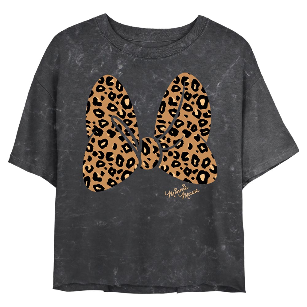 Junior's Disney Cheetah Print Minnie Mouse Bow Mineral Wash Crop Top T-Shirt | Blue Culture Tees