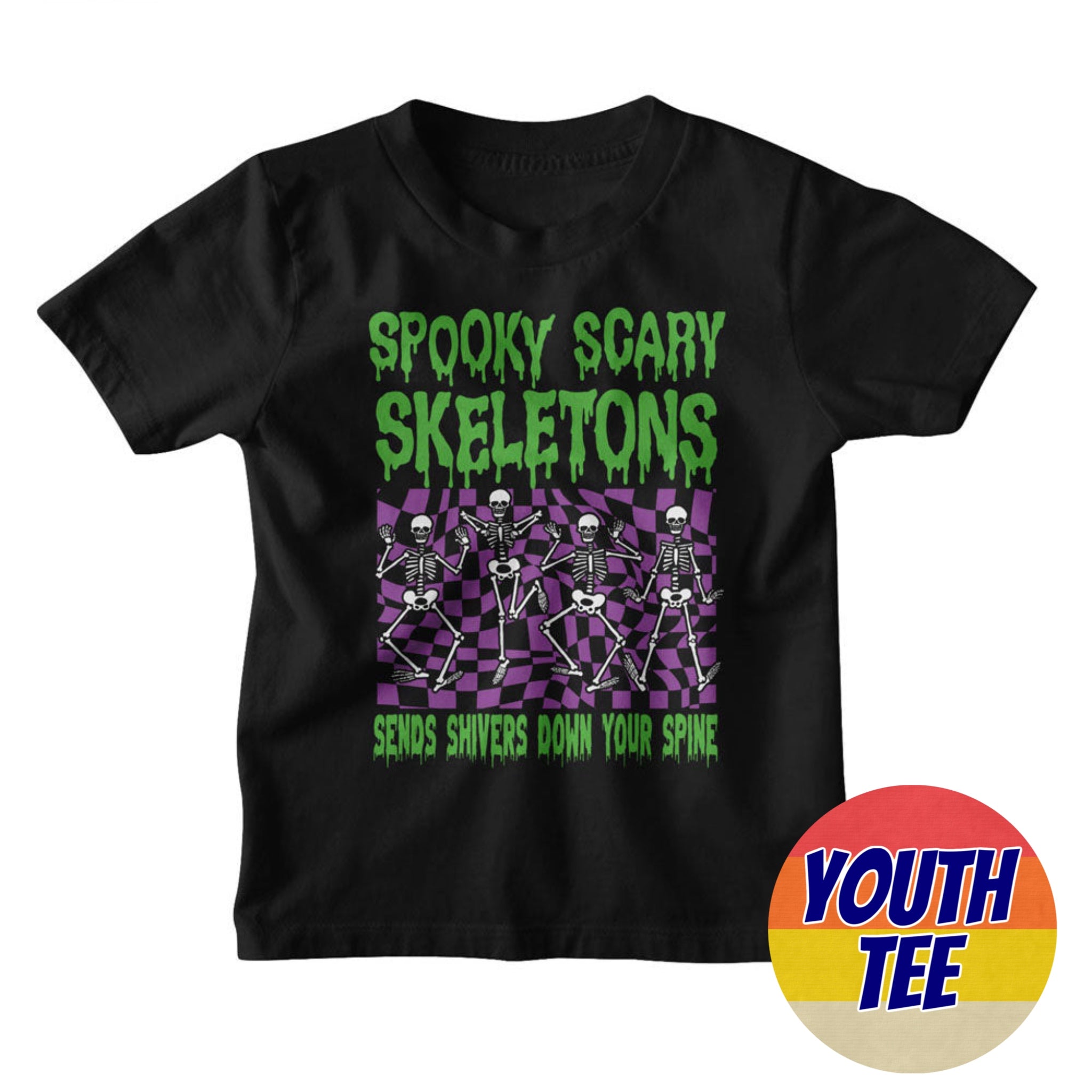 Youth Spooky Scary Skeletons Checkers T-Shirt | Blue Culture Tees