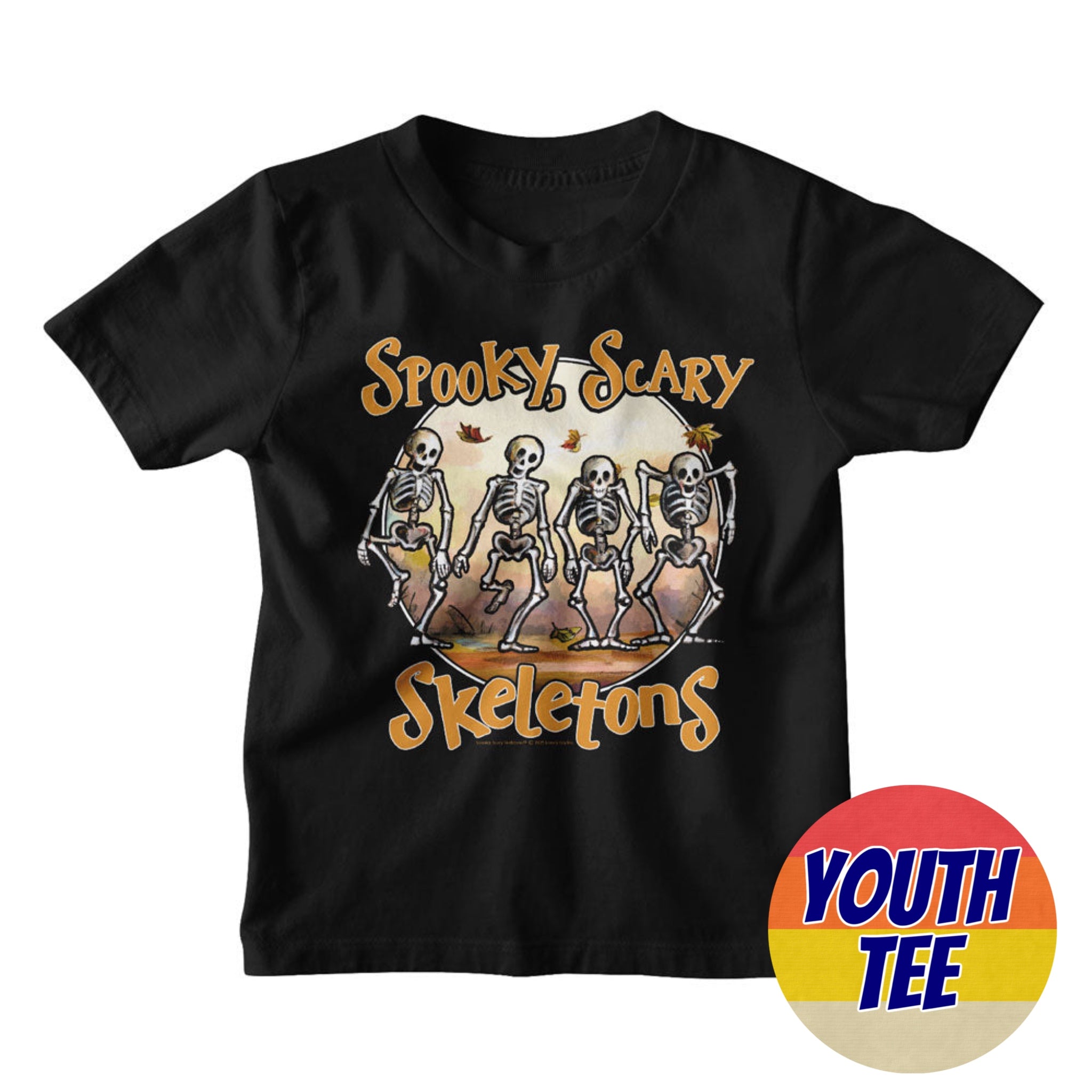 Youth Spooky Scary Skeletons Book Illustration T-Shirt | Blue Culture Tees