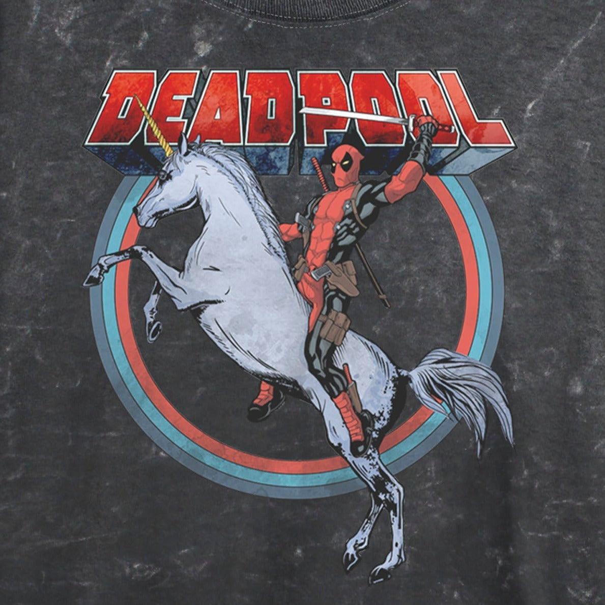 Junior's Marvel Deadpool on Unicorn Mineral Wash Crop Top T-Shirt