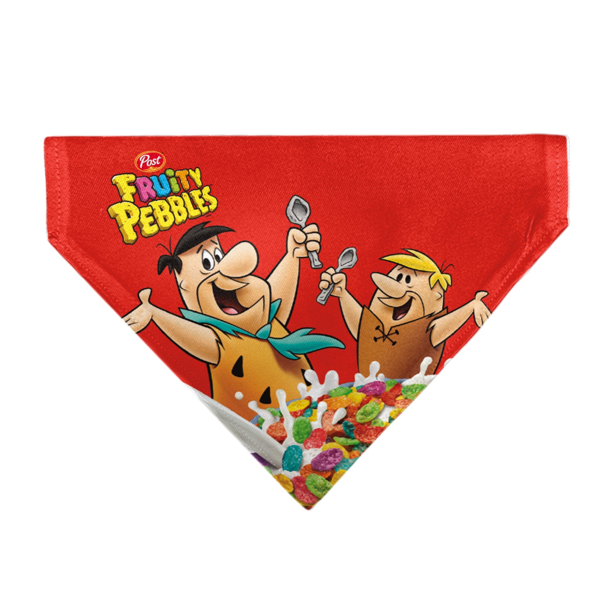 Pet Bandana - FRUITY PEBBLES Fred Flintstone and Barney Rubble Cereal Box Print and Vivid Cereal Multi Color