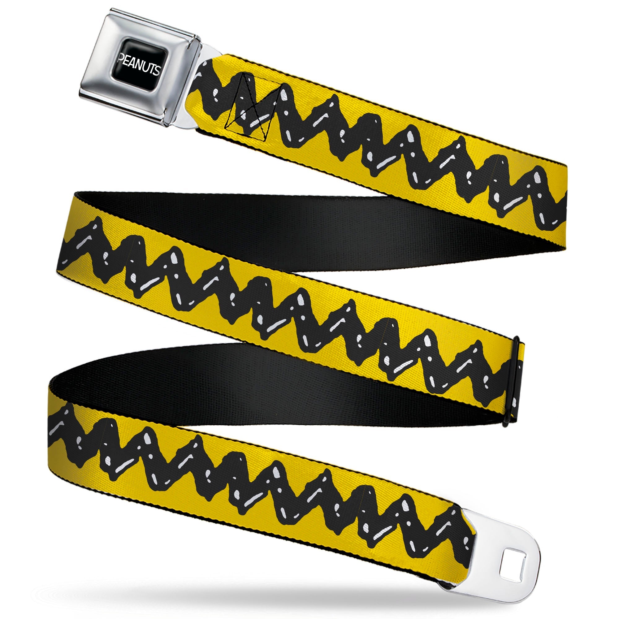 PEANUTS Title Logo Full Color Black/White Seatbelt Belt - Peanuts Charlie Brown Zig Zag Stripe Yellow/Black Webbing