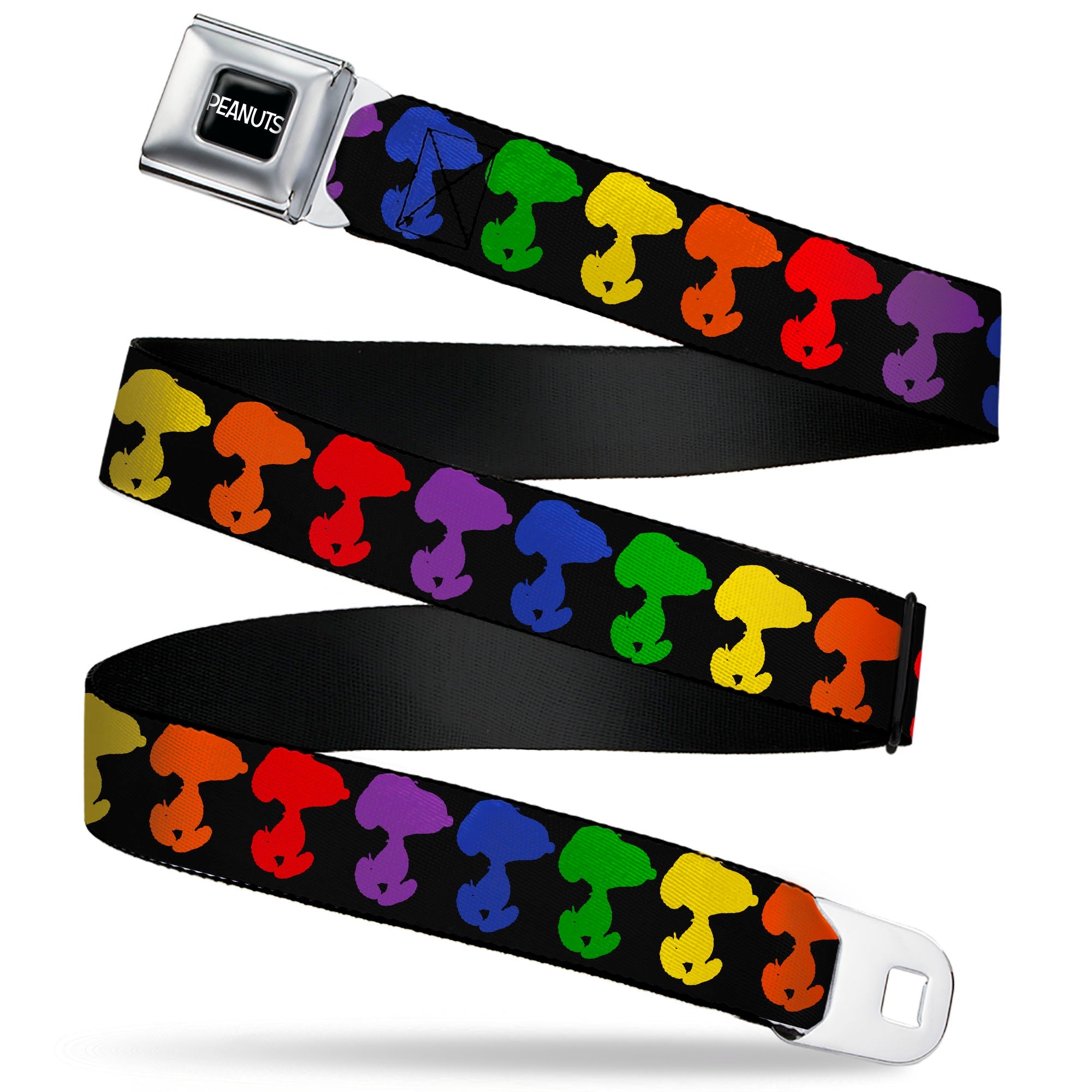 PEANUTS Title Logo Full Color Black/White Seatbelt Belt - Peanuts Snoopy Silhoutte Pose Black/Rainbow Multi Color Webbing