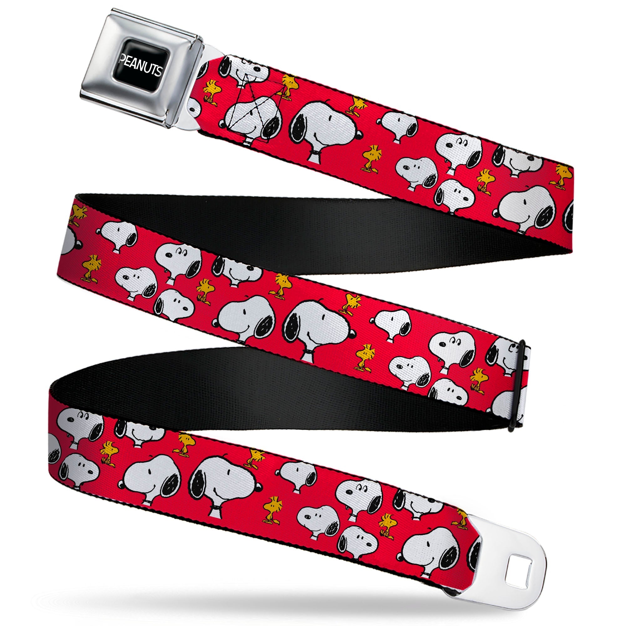 PEANUTS Title Logo Full Color Black/White Seatbelt Belt - Peanuts Snoopy and Woodstock Poses Scattered Red Webbing