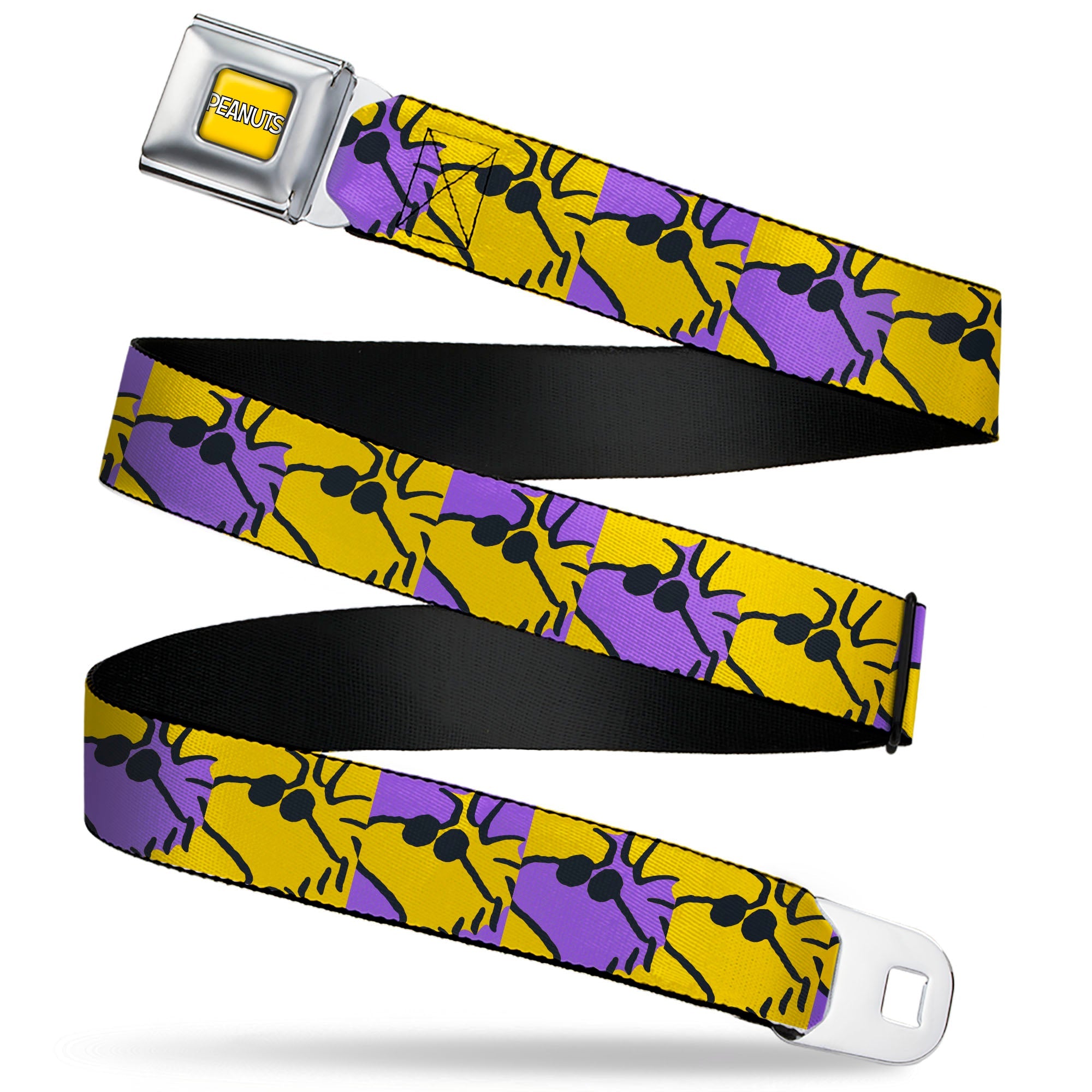 PEANUTS Title Logo Full Color Yellow/White Seatbelt Belt - Peanuts Woodstock Shades Pose Blocks Blue/Yellow/Black Webbing