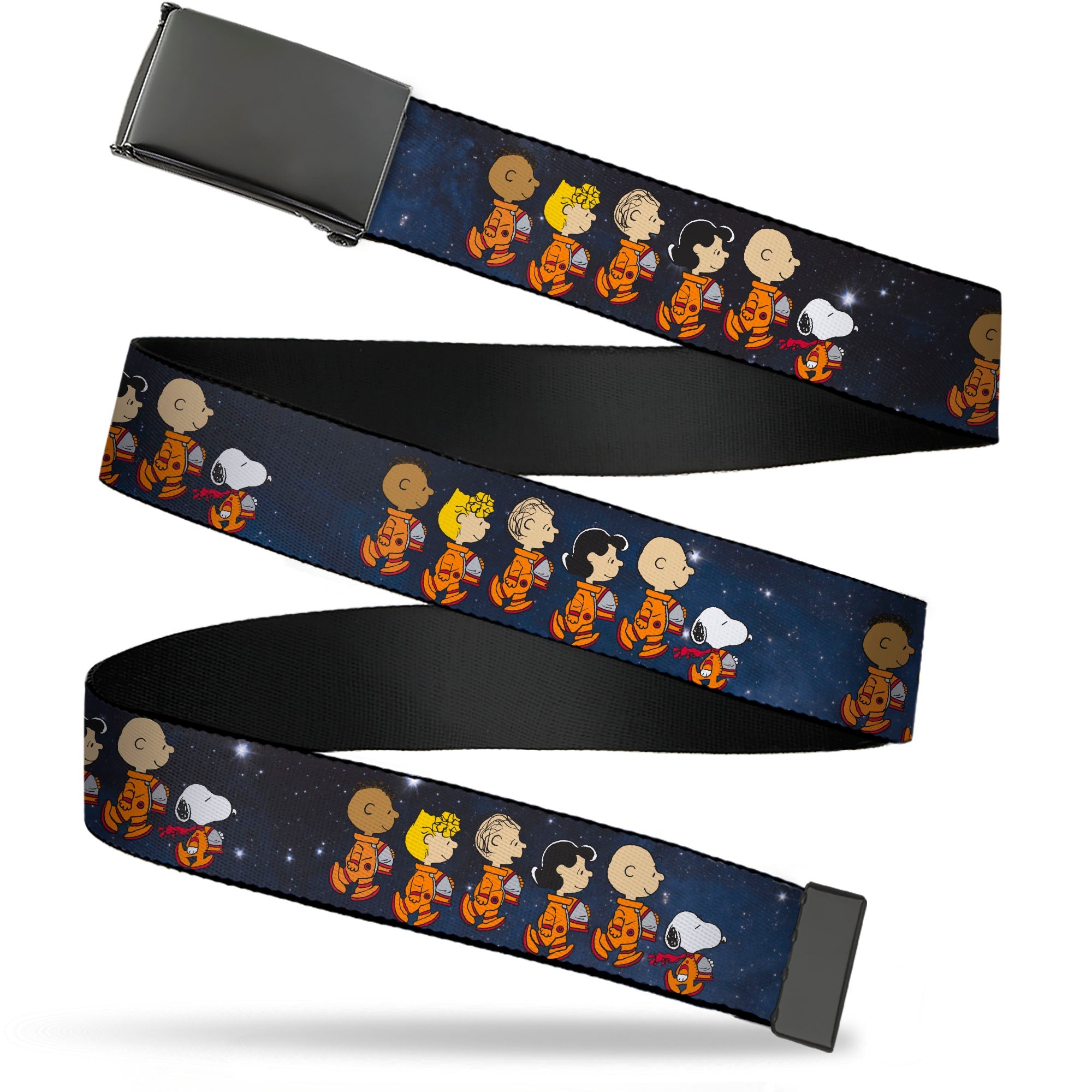 Web Belt Blank Black Buckle - Peanuts Gang Astronauts Space Walk Group Pose Blues Webbing