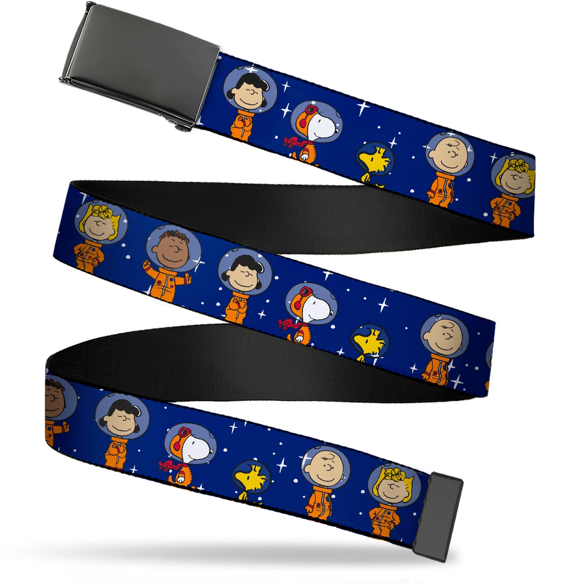 Web Belt Blank Black Buckle - Peanuts Gang Astronauts Standing Poses Stars Blue/White Webbing