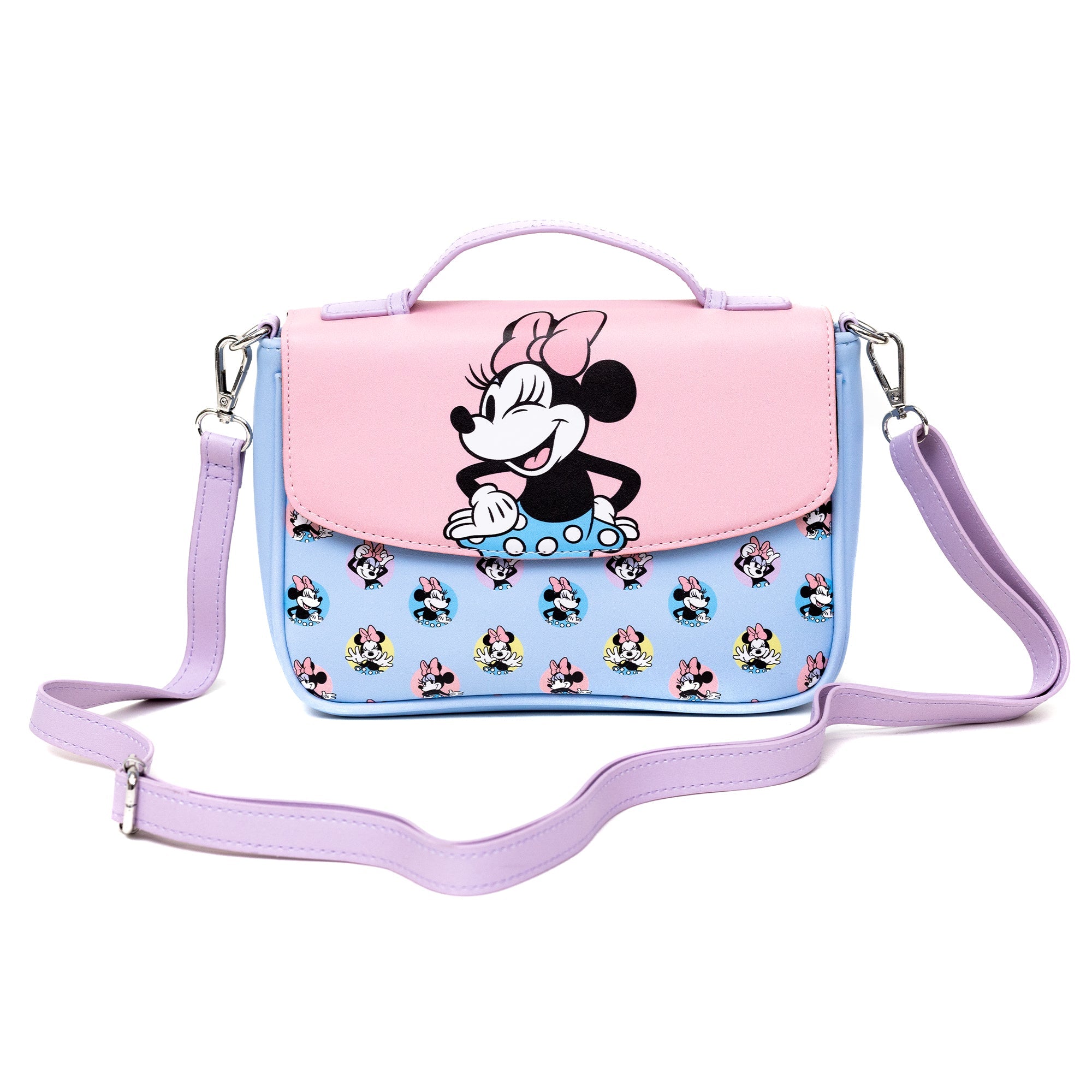 Disney Minnie Mouse Winking Pose Pink and Polka Dot Fold Over Cross Body Bag