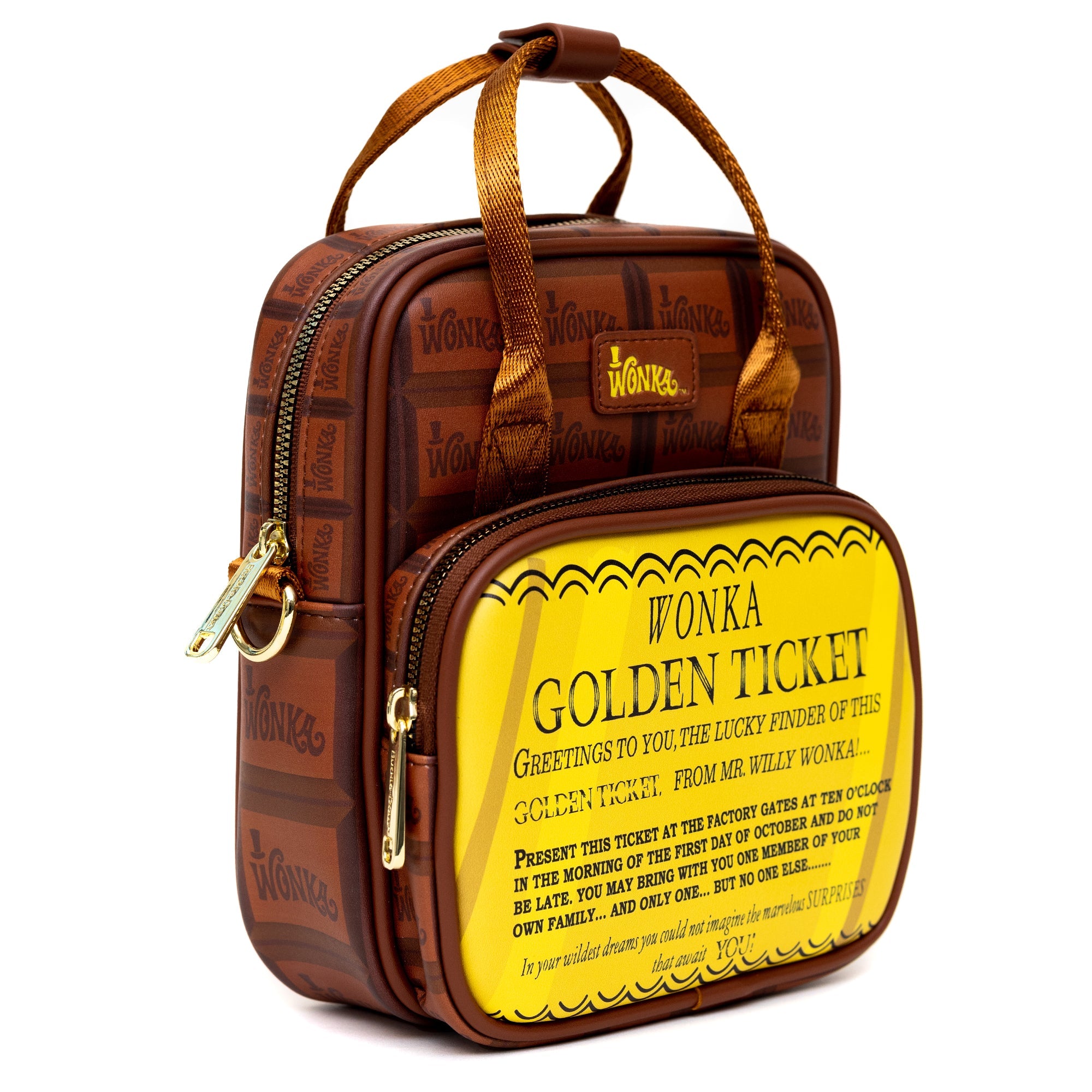 Willy Wonka Golden Ticket Text and Wonka Bar Crossbody Bag