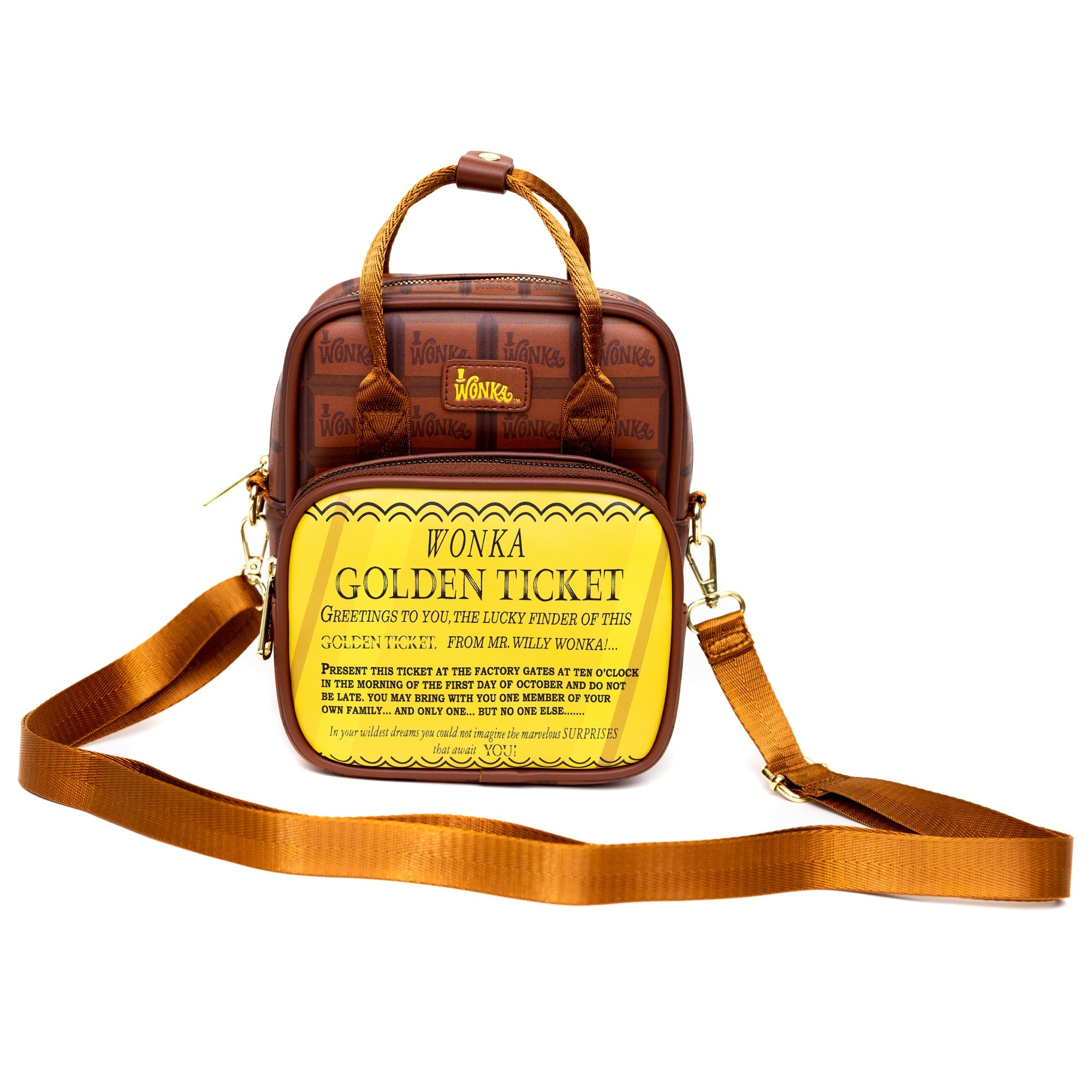 Willy Wonka Golden Ticket Text and Wonka Bar Crossbody Bag