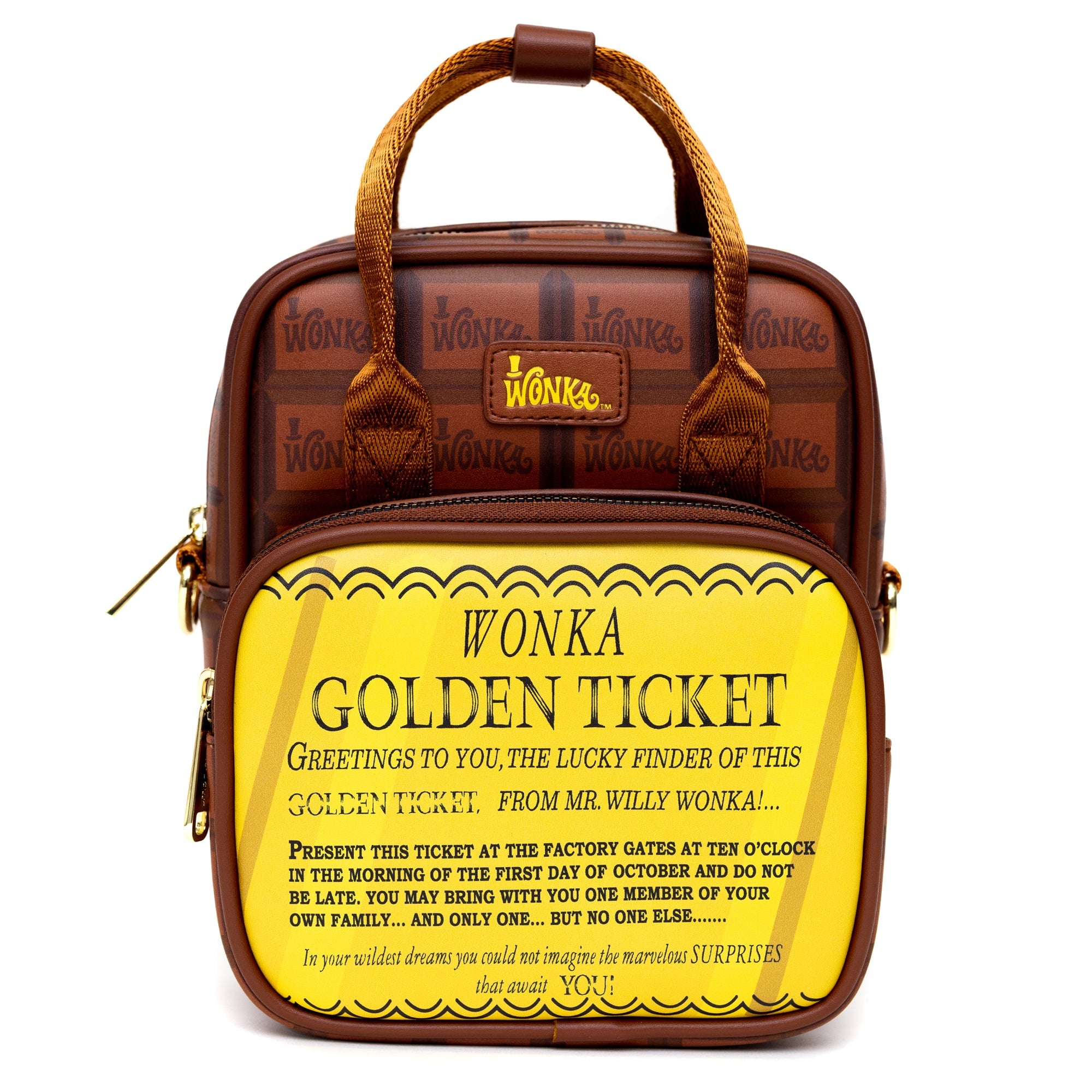 Willy Wonka Golden Ticket Text and Wonka Bar Crossbody Bag