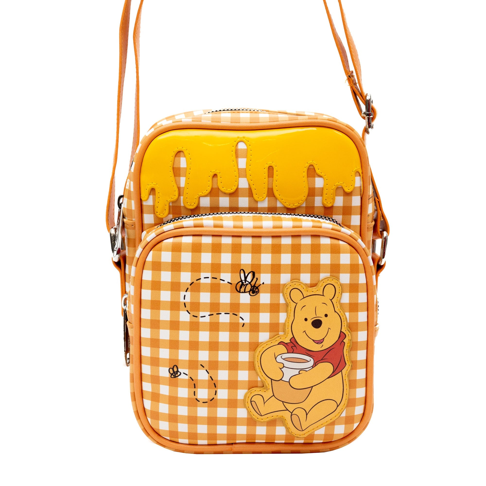 Disney Winnie the Pooh Hunny Pot Pose with Honey Drip Gingham Crossbody bag