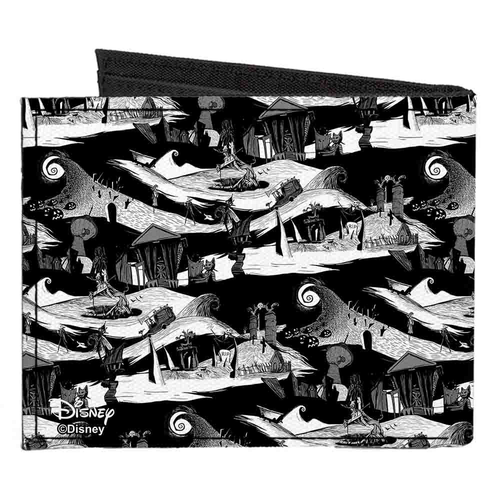 Canvas Bi-Fold Wallet - Jack Expression 13 CLOSE-UP Halloween Town Scenes Black White Grays