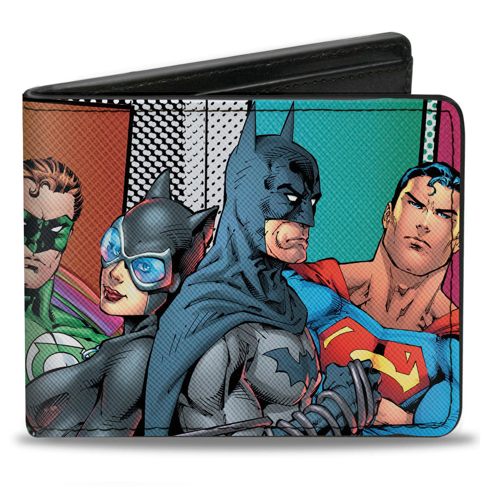 Bi-Fold Wallet - Justice League 4-Superheroes and 2-Villains Group Pose Halftone Blocks Multi Color