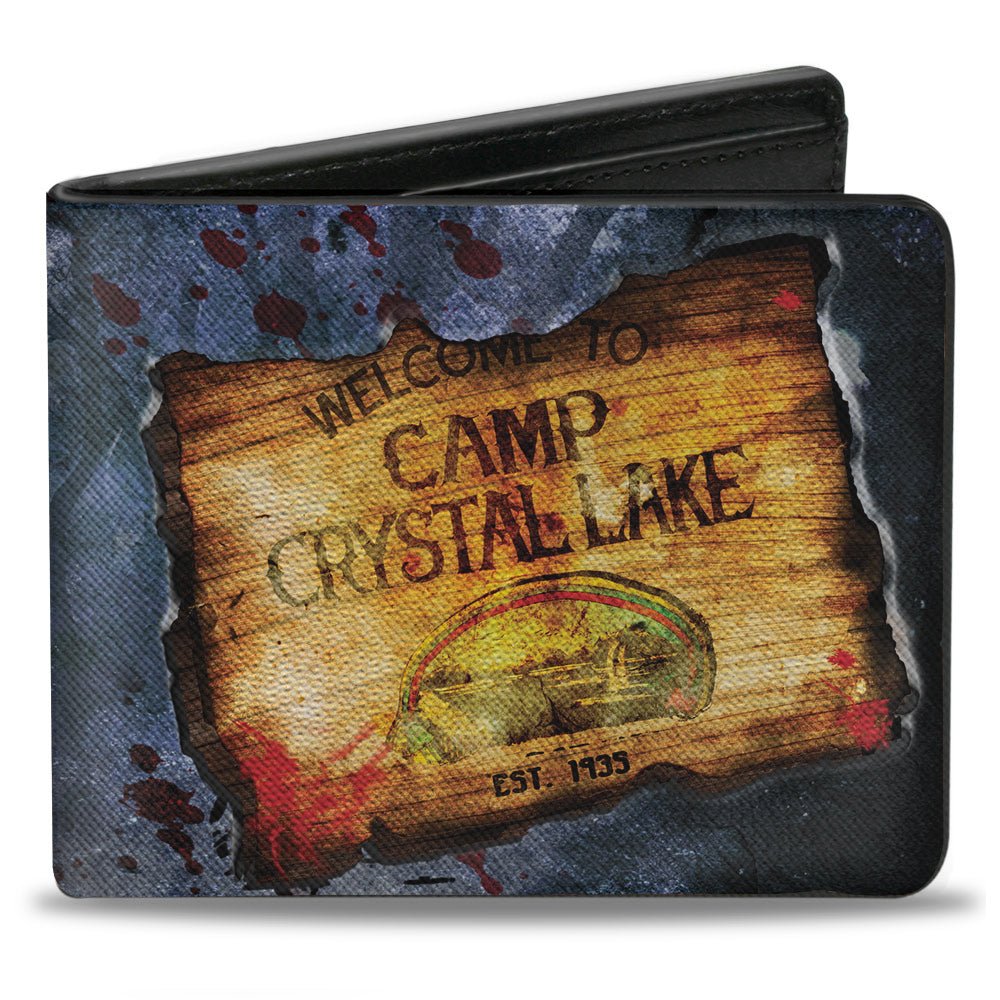 Bi-Fold Wallet - Friday the 13th WELCOME TO CAMP CRYSTAL LAKE Sign Trees Grays Blood Splatter