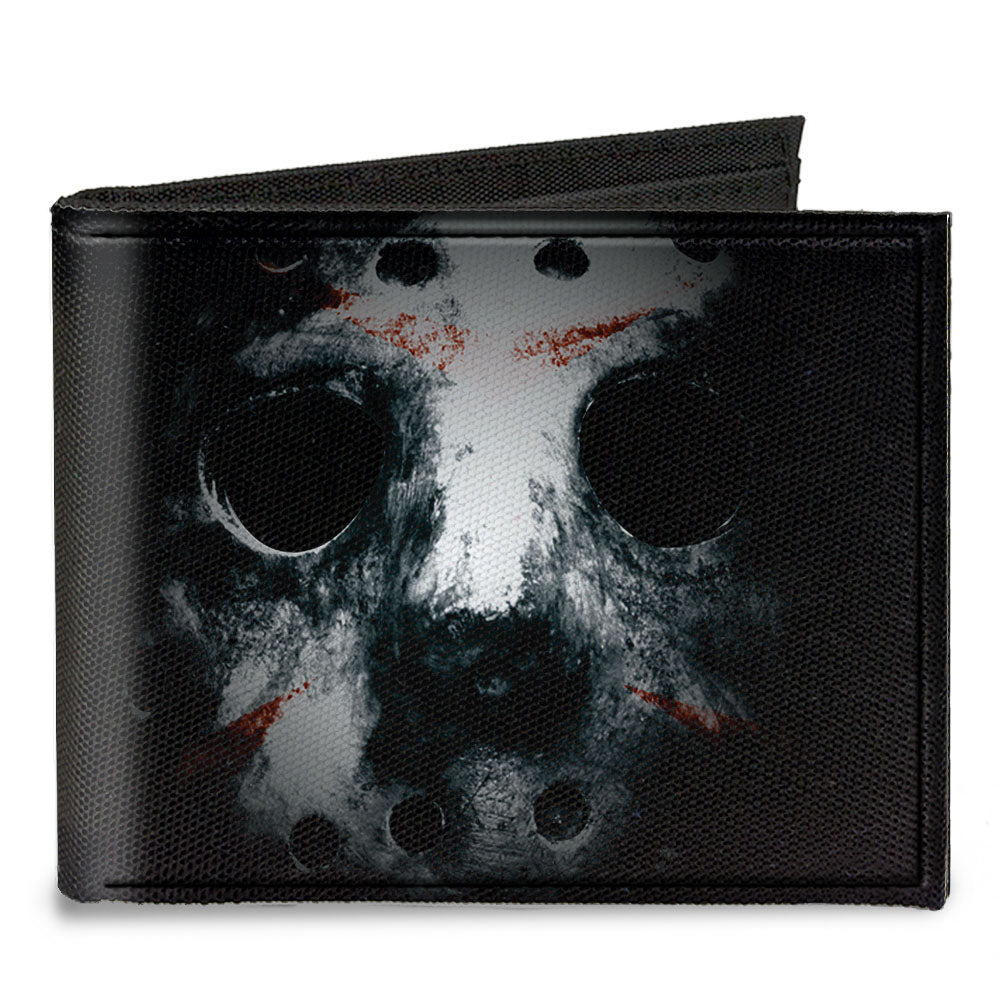 Canvas Bi-Fold Wallet - Jason Mask 3 CLOSE-UP + FRIDAY THE 13th Black Grays Red