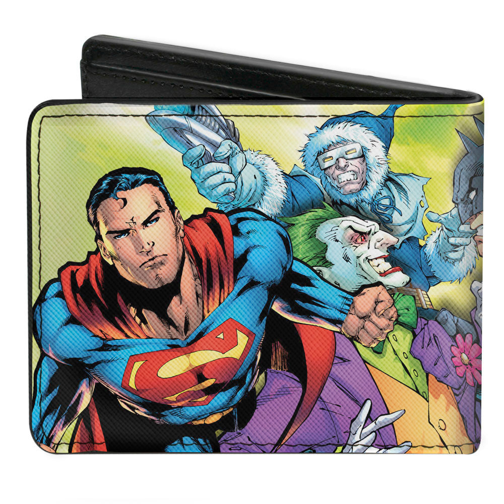 Bi-Fold Wallet - Justice League 4-Superheroes and 2-Villains Group Pose2 Glow Burst Greens