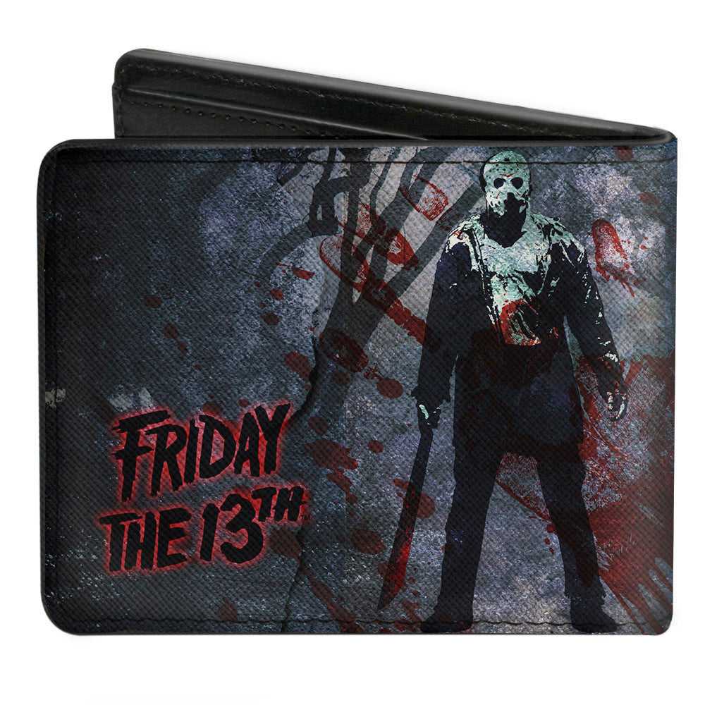 Bi-Fold Wallet - FRIDAY THE 13th Logo Jason Machete Pose Blood Splatter Grays Reds Black