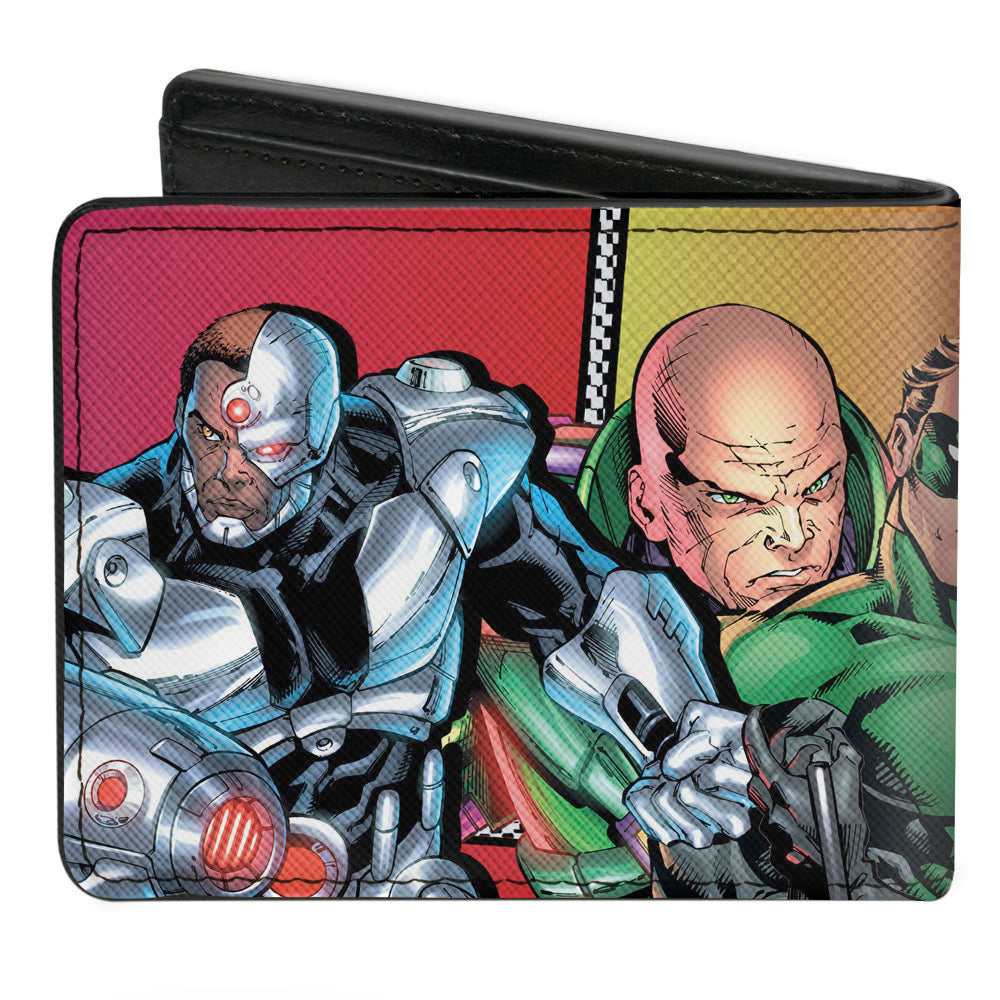 Bi-Fold Wallet - Justice League 4-Superheroes and 2-Villains Group Pose Halftone Blocks Multi Color