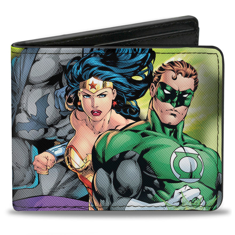 Bi-Fold Wallet - Justice League 4-Superheroes and 2-Villains Group Pose2 Glow Burst Greens