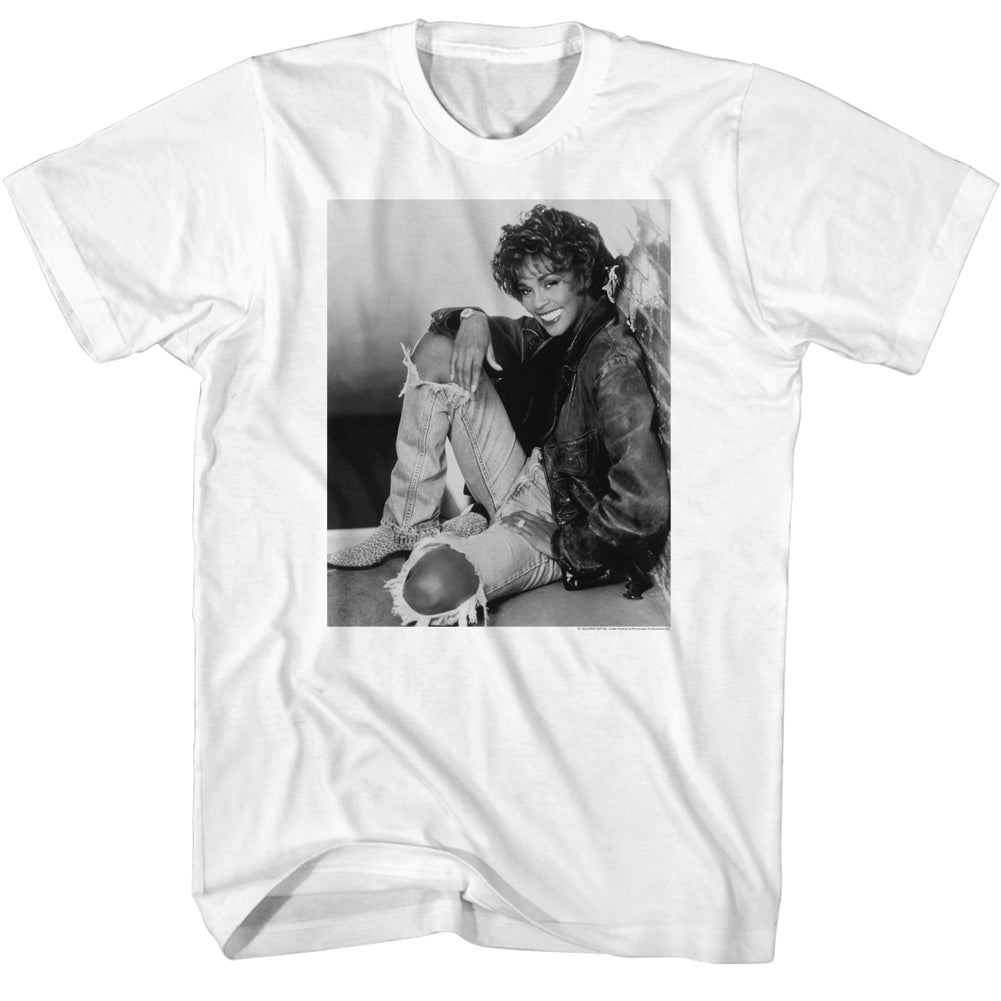 Whitney Houston Black and White Brick Wall Sitting T-Shirt Blue Culture Tees